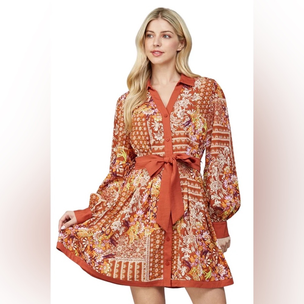 Fate Border Print Belted Button Down Mini Dress P… - image 1